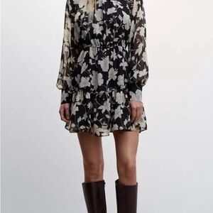 Mango Black and Cream Floral Long Sleeve Dress